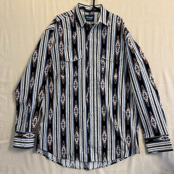 Vintage Wrangler Pearl Snap Western Checotah Aztec Longsleeve Large Tall Diamond - Picture 1 of 8